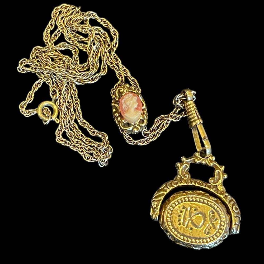 Vtg Goldette Slide Necklace Flip Pendant Fob Cameo & Napoleon Faux Coin Jewelry